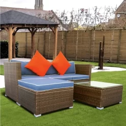 3pc Wicker Patio Sectional Seating Set With Cushions - Brown/Blue - GODEER