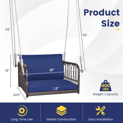 Costway Porch Swing Chair Rattan Woven Hanging Bench Seat With Cushions Hooks Balcony Navy 2 Costway Porch Swing Chair Rattan Woven Hanging Bench Seat With Cushions Hooks Balcony Navy - Image 2
