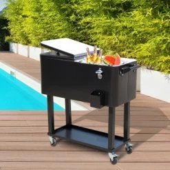 Outsunny 80 QT Rolling Cooling Bins Ice Chest On Wheels Outdoor Stand Up Drink Cooler Cart For Party