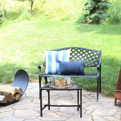 Sunnydaze Decor Sunnydaze 2-Person Checkered Design Cast Aluminum Outdoor Patio Bench, Black 7 Sunnydaze Decor Sunnydaze 2-Person Checkered Design Cast Aluminum Outdoor Patio Bench, Black - Image 7