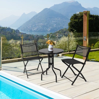 Tangkula 3-Piece Patio Bistro Dining Furniture Set, Outdoor Patio Conversation Set With Round Black Tempered Glass Tabletop And 2 Folding Chairs 2 Tangkula 3-Piece Patio Bistro Dining Furniture Set, Outdoor Patio Conversation Set With Round Black Tempered Glass Tabletop And 2 Folding Chairs - Image 2