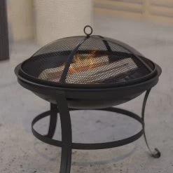 Merrick Lane Fire Pit Outdoor Wood Burning Round Iron 22" Fire Pit For Patio, Backyard, Camping, Picnics With Spark Screen And Poker