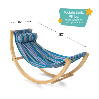 HearthSong - Kids Indoor Lightweight Wood And Blue Cotton Polyester Rocking Floor Hammock With Pillow, 50"L X 14"W 2 HearthSong - Kids Indoor Lightweight Wood And Blue Cotton Polyester Rocking Floor Hammock With Pillow, 50"L X 14"W - Image 2