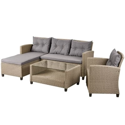 4pc Wicker Patio Conversation Set With Cushions - Beige/Brown - GODEER 5 4pc Wicker Patio Conversation Set With Cushions - Beige/Brown - GODEER - Image 5