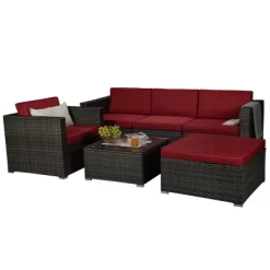 6pc Outdoor Rattan Wicker Conversation Set With Chairs, Coffee Table & Cushions - Gray/Red - GODEER -Quality Garden Outdoor Store GUEST 6b9ce5b1 60cb 46ce 9266 c88ef723f8d3