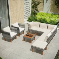 9pc Wicker & Acacia Wood Patio Conversation Set With Cushions - Beige - GODEER 9 9pc Wicker & Acacia Wood Patio Conversation Set With Cushions - Beige - GODEER -Quality Garden Outdoor Store GUEST 6c664ae1 2058 4ac0 b71c d0618debbfbb