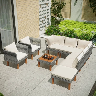 9pc Wicker & Acacia Wood Patio Conversation Set With Cushions - Beige - GODEER 3 9pc Wicker & Acacia Wood Patio Conversation Set With Cushions - Beige - GODEER - Image 3
