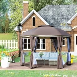 Outsunny 12' X 12' Round Outdoor Gazebo, Patio Dome Gazebo Canopy Shelter With Double Roof, Netting Sidewalls And Curtains, Zippered Doors, Strong Steel Frame
