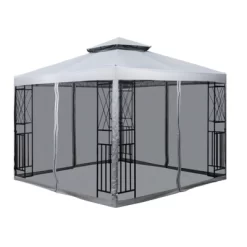 SUGIFT 10' X 10' Outdoor Patio Gazebo Canopy With Mesh Netting Sidewalls And Steel Frame - Light Gray