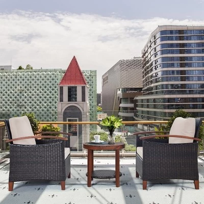 Costway 3PCS Patio Wicker Sofa Set Acacia Wood Frame With Beige &Turquoise Cushion Covers 3 Costway 3PCS Patio Wicker Sofa Set Acacia Wood Frame With Beige &Turquoise Cushion Covers - Image 3