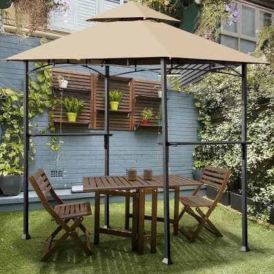 Costway 8' X 5' Outdoor Patio Barbecue Grill Gazebo W/ LED Lights 2-Tier Canopy Top Tan 3 Costway 8' X 5' Outdoor Patio Barbecue Grill Gazebo W/ LED Lights 2-Tier Canopy Top Tan - Image 3