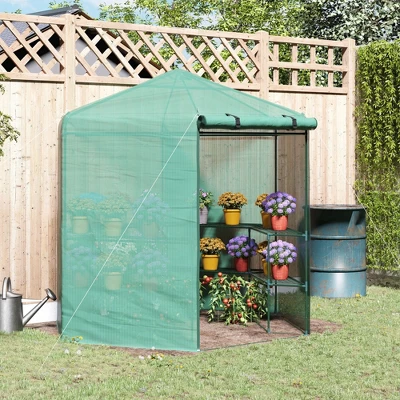 Outsunny Walk-in Greenhouse Outdoor 3 Tier 10 Shelf Warm House Garden Hexagonal Hot House With Roll-Up Zipper Door & Steel Frame 1 Outsunny Walk-in Greenhouse Outdoor 3 Tier 10 Shelf Warm House Garden Hexagonal Hot House With Roll-Up Zipper Door & Steel Frame