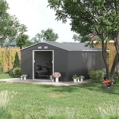 Outsunny 11' X 13' Metal Storage Shed Garden Tool House With Double Sliding Doors, 4 Air Vents For Backyard, Patio, Lawn Dark Gray 1 Outsunny 11' X 13' Metal Storage Shed Garden Tool House With Double Sliding Doors, 4 Air Vents For Backyard, Patio, Lawn Dark Gray