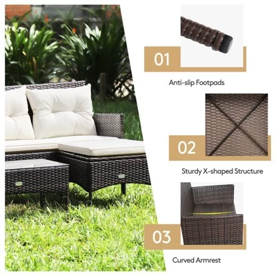 Tangkula 3 PCS Patio Furniture Set Outdoor All Weather Wicker Conversation Set W/Cushioned Ottoman & Side Table 9 Tangkula 3 PCS Patio Furniture Set Outdoor All Weather Wicker Conversation Set W/Cushioned Ottoman & Side Table - Image 9