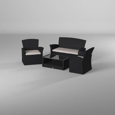 Barton 4-Pieces Outdoor Patio Set Rattan Conversation Sofa Sectional Set With Table, Black/Beige 2 Barton 4-Pieces Outdoor Patio Set Rattan Conversation Sofa Sectional Set With Table, Black/Beige - Image 2