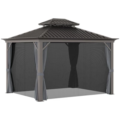 Outsunny Patio Gazebo 10' X 12', Netting & Curtains, 2 Tier Double Vented Steel Roof, Hardtop, Ceiling Hooks, Rust Proof Aluminum, Gray 3 Outsunny Patio Gazebo 10' X 12', Netting & Curtains, 2 Tier Double Vented Steel Roof, Hardtop, Ceiling Hooks, Rust Proof Aluminum, Gray - Image 3