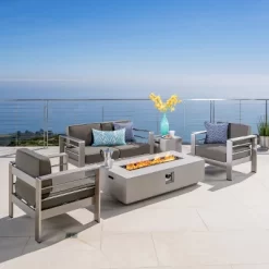 Cape Coral 5pc Aluminum And MGO Seating Set With Fire Table Khaki/Light Gray - Christopher Knight Home