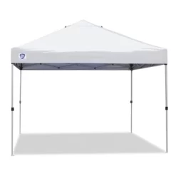 Z-Shade Angled Leg Canopy Tent With Push Button Locking System And 4 Pack Of 5 Pound Plastic Concrete Filled Leg Weight Plates, White
