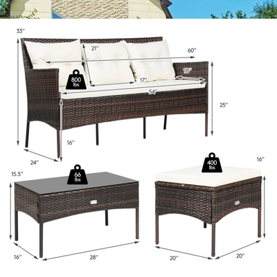 Tangkula 3 PCS Patio Furniture Set Outdoor All Weather Wicker Conversation Set W/Cushioned Ottoman & Side Table 3 Tangkula 3 PCS Patio Furniture Set Outdoor All Weather Wicker Conversation Set W/Cushioned Ottoman & Side Table - Image 3