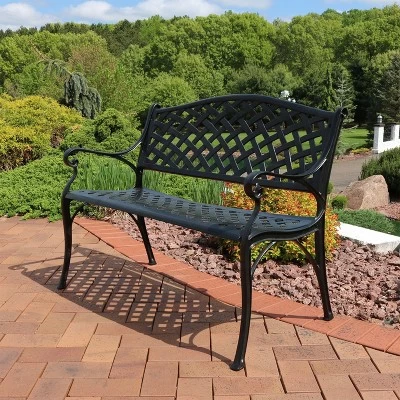 Sunnydaze Decor Sunnydaze 2-Person Checkered Design Cast Aluminum Outdoor Patio Bench, Black 8 Sunnydaze Decor Sunnydaze 2-Person Checkered Design Cast Aluminum Outdoor Patio Bench, Black - Image 8