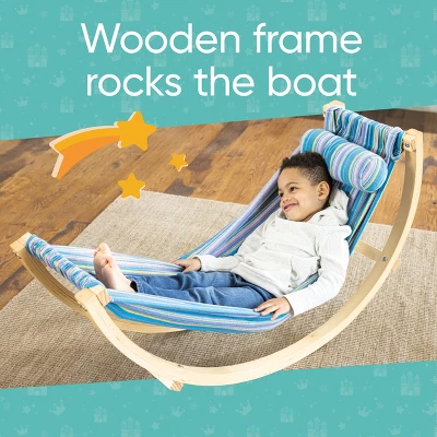 HearthSong - Kids Indoor Lightweight Wood And Blue Cotton Polyester Rocking Floor Hammock With Pillow, 50"L X 14"W 4 HearthSong - Kids Indoor Lightweight Wood And Blue Cotton Polyester Rocking Floor Hammock With Pillow, 50"L X 14"W - Image 4