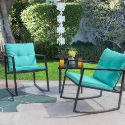 3pc Outdoor Wicker Set With Rocking Chairs & Glass Coffee Table - Devoko