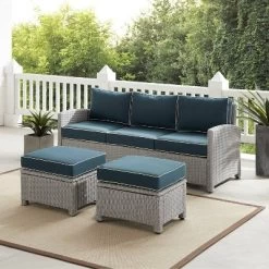 Bradenton 3pc Outdoor Wicker Sofa & 2 Ottoman Set - Navy/Gray - Crosley