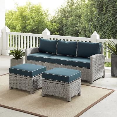 Bradenton 3pc Outdoor Wicker Sofa & 2 Ottoman Set - Navy/Gray - Crosley 1 Bradenton 3pc Outdoor Wicker Sofa & 2 Ottoman Set - Navy/Gray - Crosley