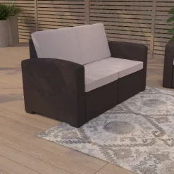 Merrick Lane Outdoor Furniture Resin Loveseat Chocolate Brown Faux Rattan Wicker Pattern 2-Seat Loveseat With All-Weather Beige Cushions