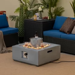 Costway 28'' Patio Fountain Fire Pit Table 50,000 BTU Square Propane Fire Pit WithPVC Cover