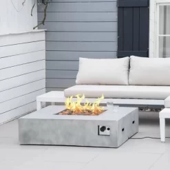 Outsunny Outdoor Propane Fire Pit Table Faux Grey Ledge Stone 42-inch Square Fire Table, 50,000BTU Auto Ignition Gas Firepits With Protective Cover