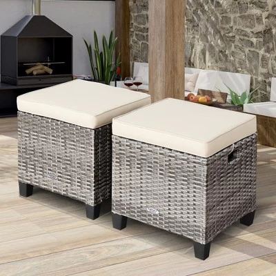 Costway 2PCS Patio Rattan Cushioned Ottoman Seat Foot Rest Table 1 Costway 2PCS Patio Rattan Cushioned Ottoman Seat Foot Rest Table