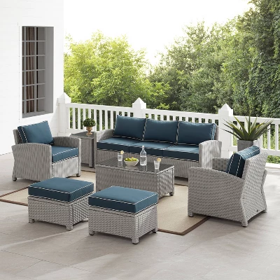 Bradenton 7pc Outdoor Wicker Sofa And Arm Chair Seating Set With Coffee Table, Side Table And 2 Ottomans - Navy/Gray - Crosley 1 Bradenton 7pc Outdoor Wicker Sofa And Arm Chair Seating Set With Coffee Table, Side Table And 2 Ottomans - Navy/Gray - Crosley