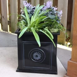 Southern Patio CMX-042426 Colony 16 Inch Square Resin Ceramic Indoor Outdoor Garden Box Planter Pot For Flowers, Herbs, Vegetables, And Plants, Black
