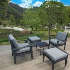 5pc Outdoor Wicker Conversation Set With Arm Chairs, Accent Table & Ottomans - Gray - GODEER