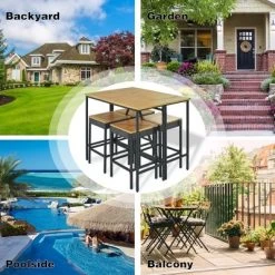 5-Piece Outdoor Patio Wicker Bar Set With Foldable Acacia Wood Top With 4 Stools And 1 Table,Brown - ModernLuxe -Quality Garden Outdoor Store GUEST 8bdbc3f1 6058 4034 853d 711e080e4c12