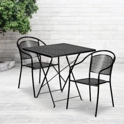Emma And Oliver Commercial Grade 28" Square Black Folding Patio Table Set-2 Round Back Chairs