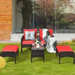 Costway 5 PCS Patio Rattan Furniture Set Sofa Ottoman Table W/Cushion Garden Red -Quality Garden Outdoor Store GUEST 8d792c03 6913 4e4b 9dae 396f84f68861