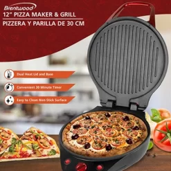 Brentwood 1200 Watt 12 Inch Non Stick Pizza Maker And Grill In Red