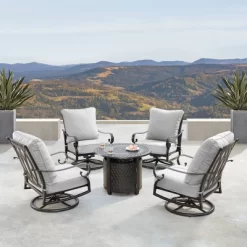 5pc Set With 34" Outdoor Round Aluminum Propane Fire Table & 4 Deep Seating Swivel Rocking Chairs & Lid - Oakland Living