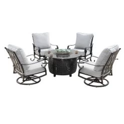 5pc Set With 44" Round Outdoor Aluminum Fire Table & Four Swivel Rocking Chairs & Wind Blocker Lid - Oakland Living