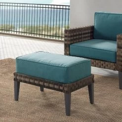 Prescott Outdoor Wicker Ottoman - Blue/Brown - Crosley