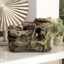 10" Resin 3-Tier Mossy Tabletop Fountain With LED Lights Gray - Alpine Corporation