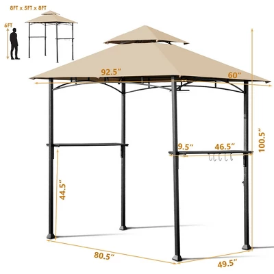Costway 8' X 5' Outdoor Patio Barbecue Grill Gazebo W/ LED Lights 2-Tier Canopy Top Tan 2 Costway 8' X 5' Outdoor Patio Barbecue Grill Gazebo W/ LED Lights 2-Tier Canopy Top Tan - Image 2
