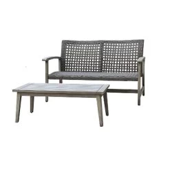 Monterosso 2pc Wood & Rattan Outdoor Patio Loveseat & Coffee Table Set - DUKAP