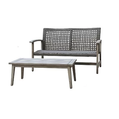 Monterosso 2pc Wood & Rattan Outdoor Patio Loveseat & Coffee Table Set - DUKAP 1 Monterosso 2pc Wood & Rattan Outdoor Patio Loveseat & Coffee Table Set - DUKAP