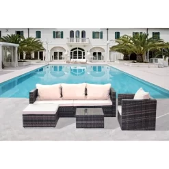 4pc Wicker Patio Sectional Seating Set With Sofa, Arm Chair, Ottoman & Accent Table - Brown/Beige - GODEER