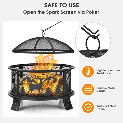 Costway 26" Outdoor Fire Pit Wood Burning Metal Firepit Bowl With Spark Screen Poker 5 Costway 26" Outdoor Fire Pit Wood Burning Metal Firepit Bowl With Spark Screen Poker - Image 5