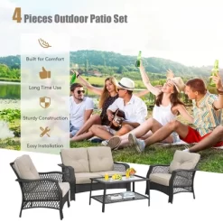 Costway 4PCS Patio Wicker Furniture Set Loveseat Sofa Coffee Table W/ Cushion -Quality Garden Outdoor Store GUEST 9fd2d9df b295 49d5 8385 2236babef092