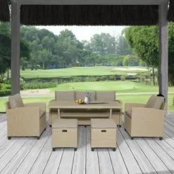 6pc Outdoor Wicker Conversation Set With Arm Chairs, Sofa, Ottomans & Coffee Table - Brown - GODEER